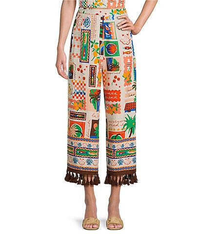 Sugarlips Coordinating Postcard Print High Waisted Wide-Leg Tassel Hem Pants