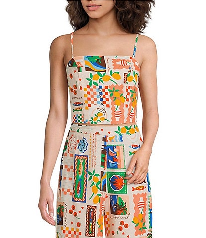 Sugarlips Coordinating Postcard Print Square Neck Sleeveless Top