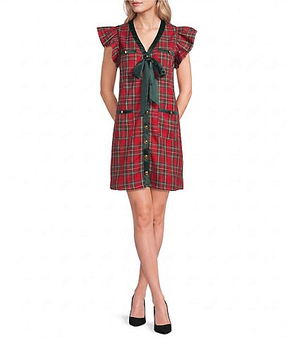 Sugarlips Diane Plaid Printed Bow Tie V-Neck Ruffle Sleeve Shift Mini Dress
