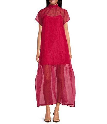 Sugarlips Dime Sheer Organza Mock Neck Short Sleeve Maxi Dress