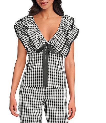 Sugarlips Dover Gingham Leot Ruffle V-Neck Cap Sleeve Babydoll Coordinating Top