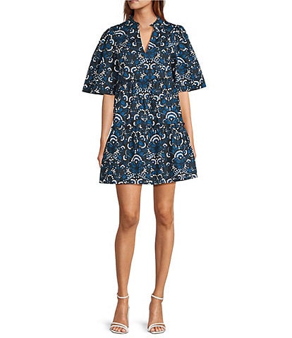 Sugarlips Etta Floral Dixie Ruffle Split V-Neck Short Sleeve Tiered Dress