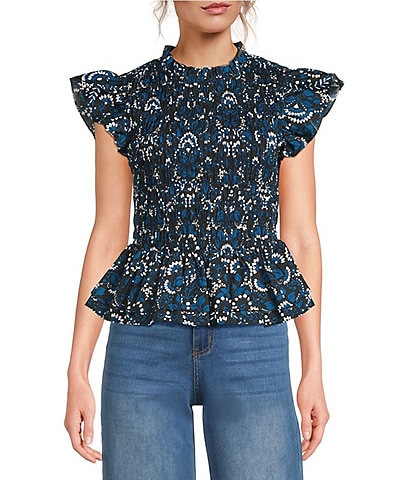 Sugarlips Etta Floral Print Mock Neckline Short Sleeve Smocked Peplum Top