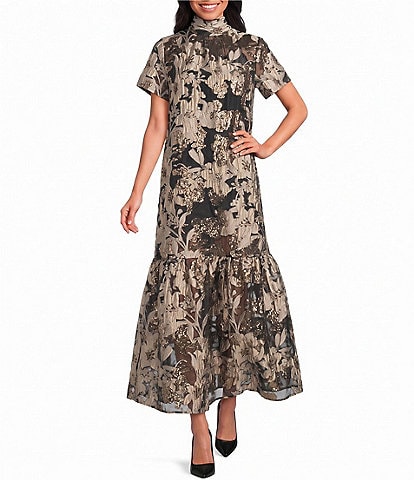 Sugarlips Floral Jacquard Dime Organza Mock Neck Short Sleeve Maxi Shift Dress