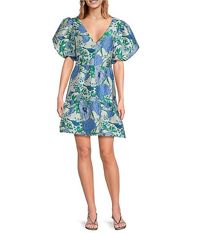Sugarlips Floral Jacquard V-Neck Short Puff Sleeve Mini Dress