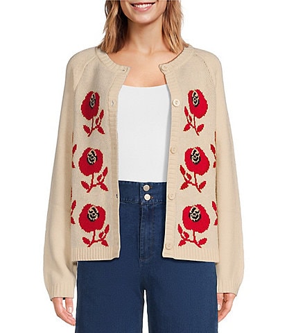 Sugarlips Floral Motif Crew Neck Long Sleeve Button Front Cardigan