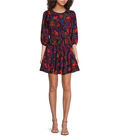 Sugarlips Floral Print Crew Neck Long Sleeve Waist Tie Mini Dress