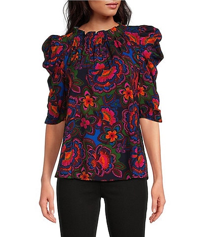 Sugarlips Floral Print Mock Neck 3/4 Puff Sleeve Top