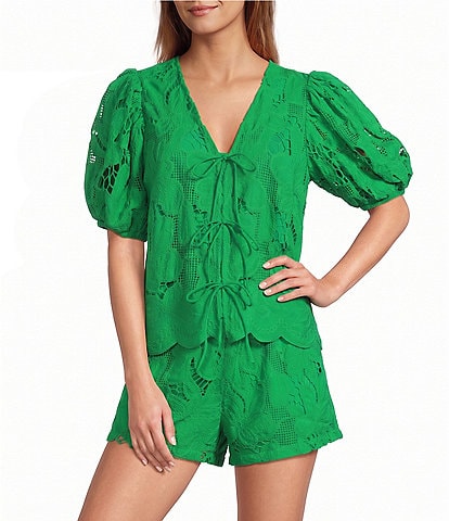 Sugarlips Friona Eyelet V-Neck Short Bubble Sleeve Coordinating Top