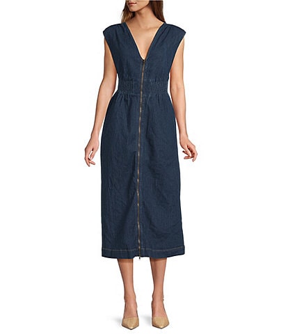 Sugarlips Gabriella Lula Stretch Denim V-Neck Sleeveless Smocked Midi Dress