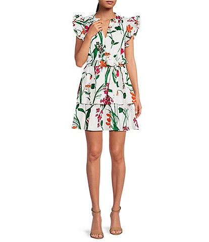 Sugarlips Garden Floral V-Neck Cap Sleeve Tie Waist Ruffle Mini A-line Dress