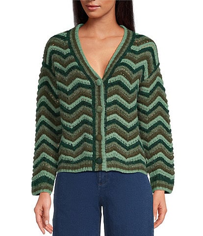 Sugarlips Harp Zig Zag V-Neck Long Sleeve Button Front Cardigan