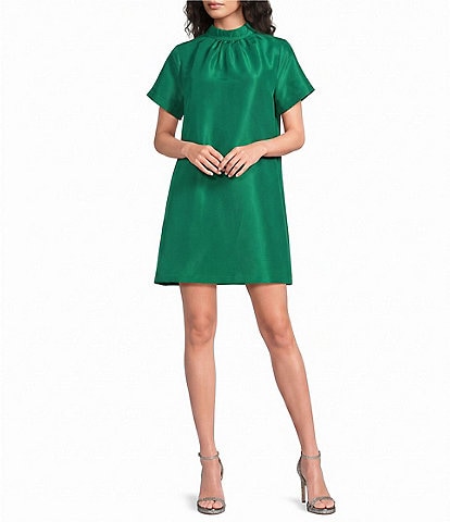 Sugarlips Heather Rhinestone Back Tie Mock Neck Short Sleeve Shift Mini Dress