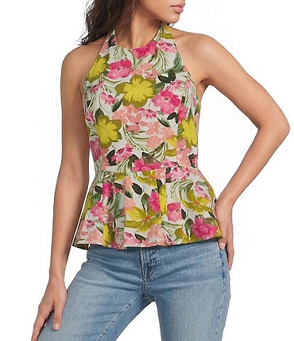 Sugarlips Helen Floral Print Halter Neck Sleeveless Peplum Top