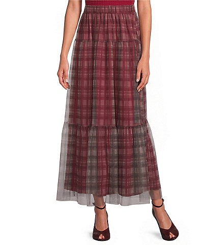 Sugarlips Isola Plaid Printed High Rise Tiered Mesh Maxi Skirt