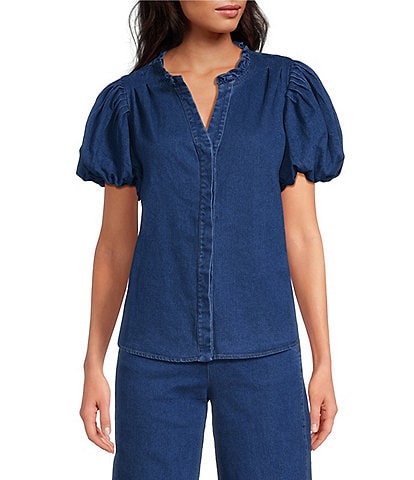 Sugarlips Jamie Stretch Denim Jayla Split Neck Short Puff Sleeves Button Front Coordinating Shirt
