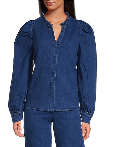 Sugarlips Jamie Stretch Denim Ruffle Split Neck Puff Sleeve Button Front Coordinating Shirt