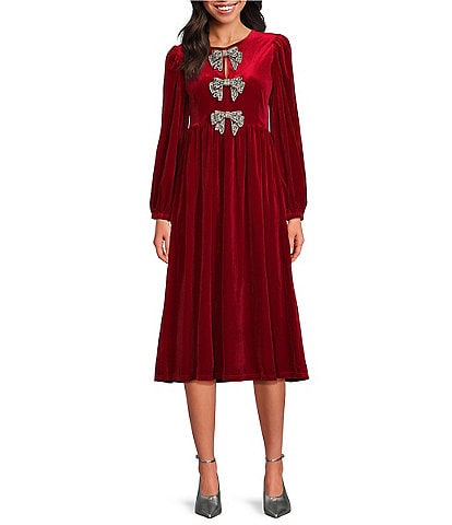 Sugarlips Jena Glow Velvet Crew Neck Long Sleeve Rhinestone Bow Midi Dress