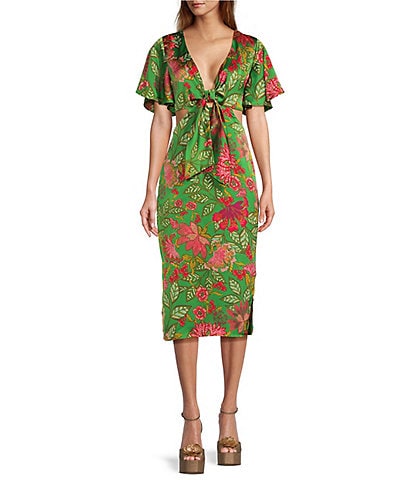 Sugarlips Joelle Floral Tropical Print Satin V-Neck Front Tie Midi Dress