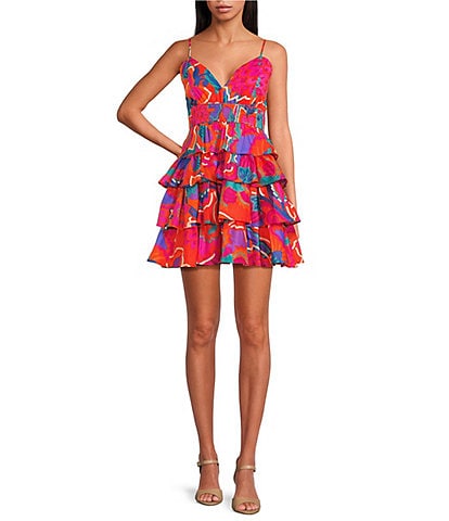 Sugarlips Kahlia Tropics Mavey Poplin Gauze Sweetheart Neck Sleeveless Tiered Ruffle Mini Dress