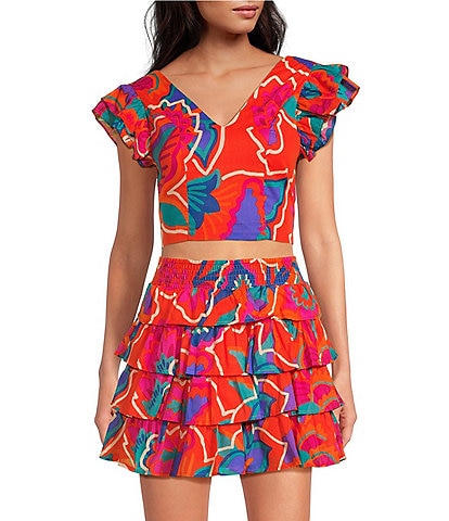 Sugarlips Kahlia Tropics Mavey V-Neck Ruffle Cap Sleeve Coordinating Crop Top
