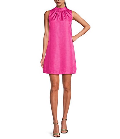 Sugarlips Keyla Trapeze Solid Taffeta Mock Neck Back Tie Bow Mini Dress