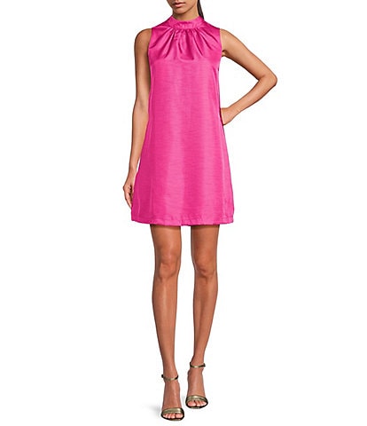 Sugarlips Keyla Trapeze Solid Taffeta Mock Neck Back Tie Bow Mini Dress