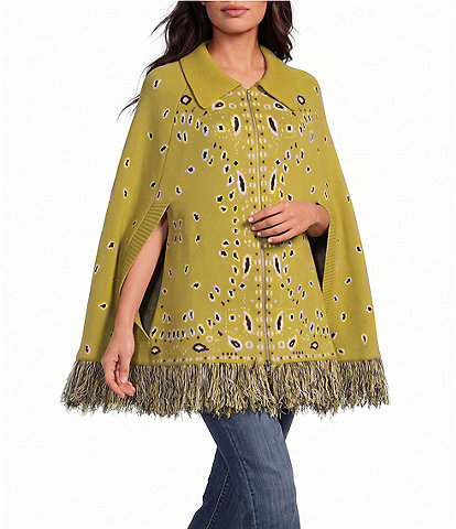 Sugarlips Lennie Bandana Printed Collared Open-Sleeve Fringe Hem Poncho Sweater