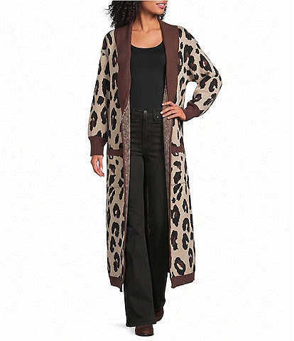 Sugarlips Leopard Printed Collared Long Sleeve Open Front Duster Cardigan
