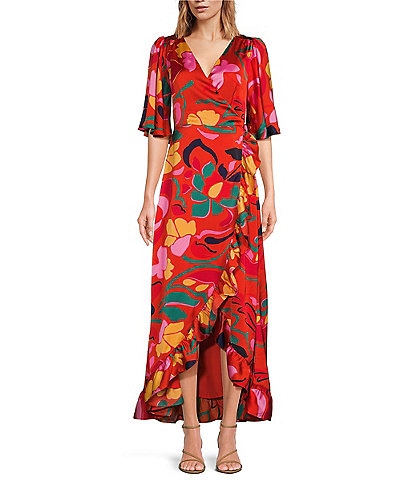 Sugarlips Love Abelia Satin Tropical Print V Neck Short Sleeve High-Low Ruffle Hem Midi Wrap Dress