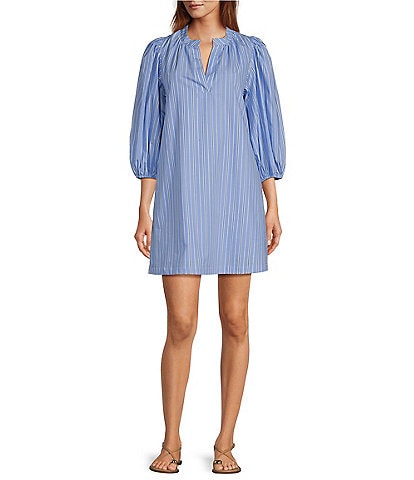 Sugarlips Malaga Victoria Striped Print Split V-Neck 3/4 Sleeve Poplin Mini Dress
