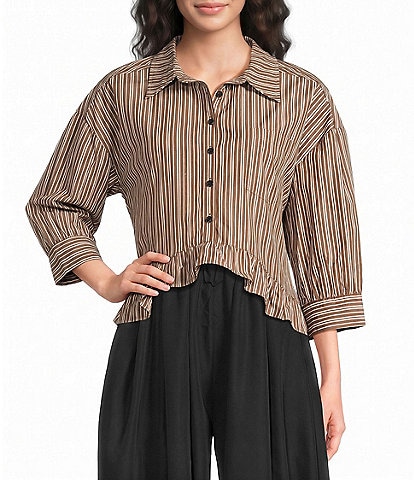 Sugarlips Marinda Striped Collared Half Sleeve Ruffle Hem Button Front Top
