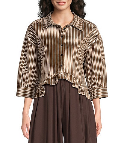 Sugarlips Marinda Striped Collared Half Sleeve Ruffle Hem Button Front Top