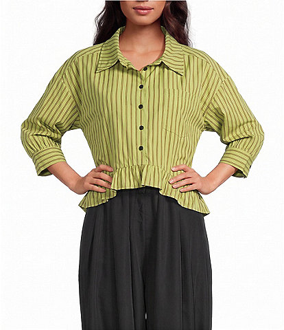 Sugarlips Marinela Woven Stripe Print Collared Half Sleeve Ruffle Hem Button Front Top