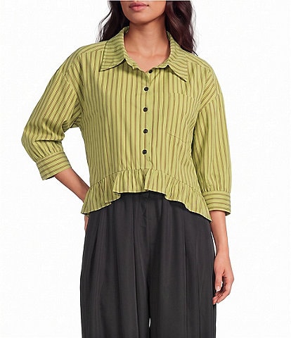 Sugarlips Marinela Woven Stripe Print Collared Half Sleeve Ruffle Hem Button Front Top