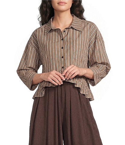 Sugarlips Marinela Woven Stripe Print Collared Half Sleeve Ruffle Hem Button Front Top