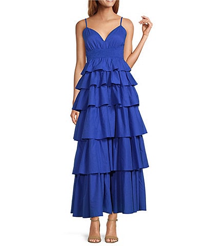 Sugarlips Mavey Cotton Poplin Smocked V-Neck Tiered Ruffle Maxi Dress