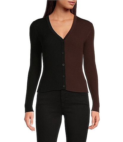 Sugarlips Olivia Mill Color Block Ribbed Knit V-Neck Long Sleeve Button Front Cardigan