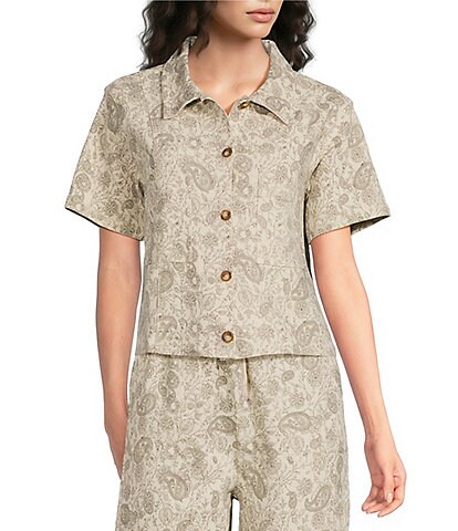 Sugarlips Paisley Printed Collared Short Sleeve Coordinating Denim Shirt-Jacket