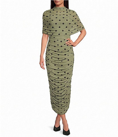 Sugarlips Petite Size Jenn Polka Dot Mock Neck Half Sleeve Ruched Mesh Midi Dress