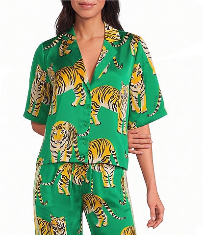 Sugarlips Petite Size Violda Tiger Printed Satin Collared Short Sleeve Button Down Coordinating Top