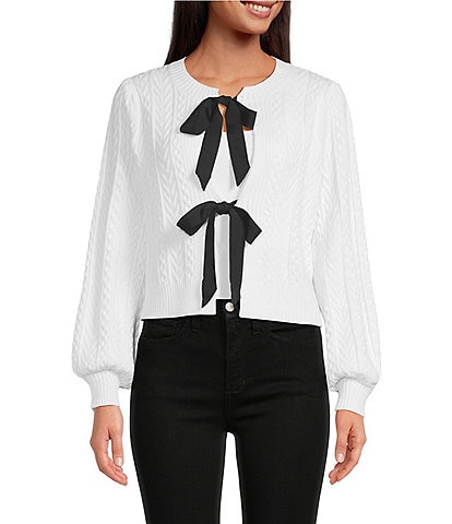 Sugarlips Pinky Promise Crew Neck Long Balloon Sleeve Ribbon Bow Tie Cardigan