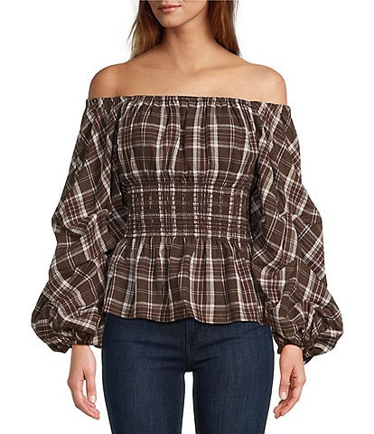 Sugarlips Plaid Print Off The Shoulder Neck Long Balloon Sleeves Smocked Top