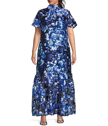Sugarlips Plus Abay Floral Short Sleeve Jacquard/Organza Long Dress