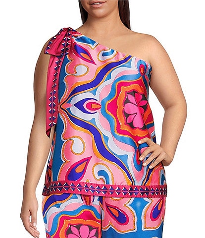 Sugarlips Plus Abstract/Geometric/Tropical Printed One-Shoulder Top