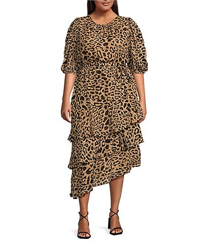 Sugarlips Plus Animal Print 1/2 Balloon Sleeve Asymmetrical Tiered Midi Dress