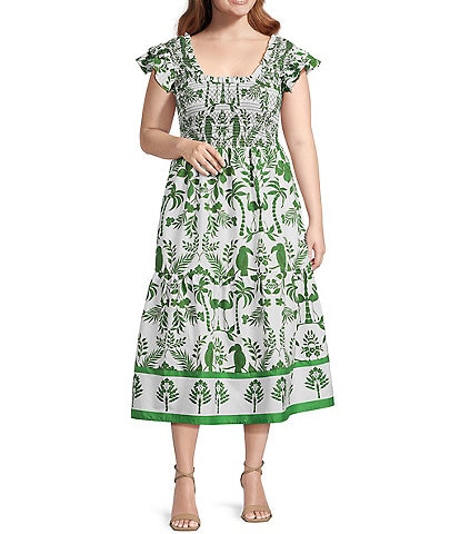 Sugarlips Plus Double Ruffle Poplin Scoop Neck Smocked Midi Dress