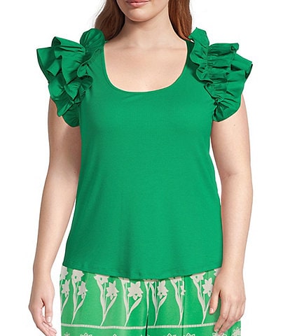 Sugarlips Plus Double Ruffle Ribbed and Poplin Short Sleeve Top