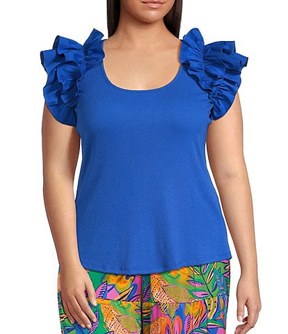 Sugarlips Plus Double Ruffle Ribbed and Poplin Short Sleeve Top