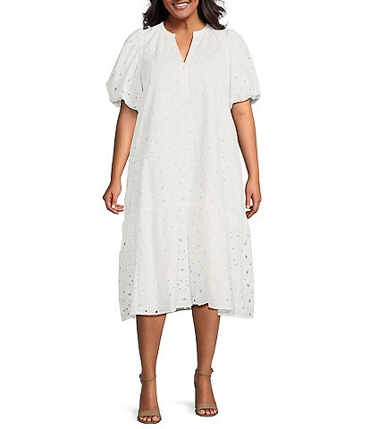 Sugarlips Plus Size Floral Embroidered V-Neck Puff-Sleeve Eyelet Midi Shift Dress